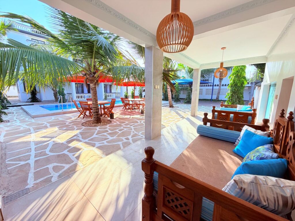 Open-air veranda with Swahili carved seating